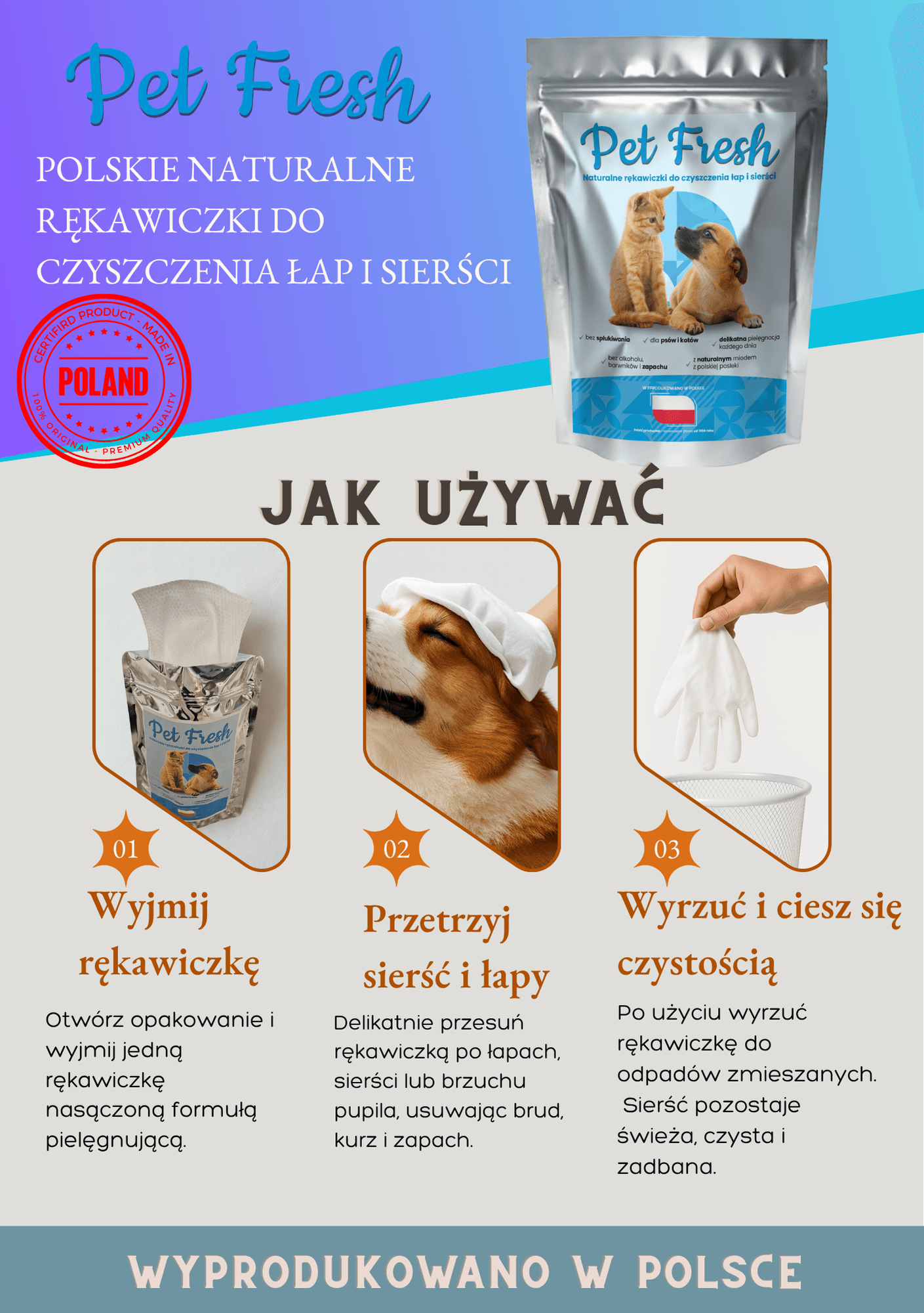 PetFresh™ – Polskie naturalne rękawiczki SPA do czyszczenia łap i sierści